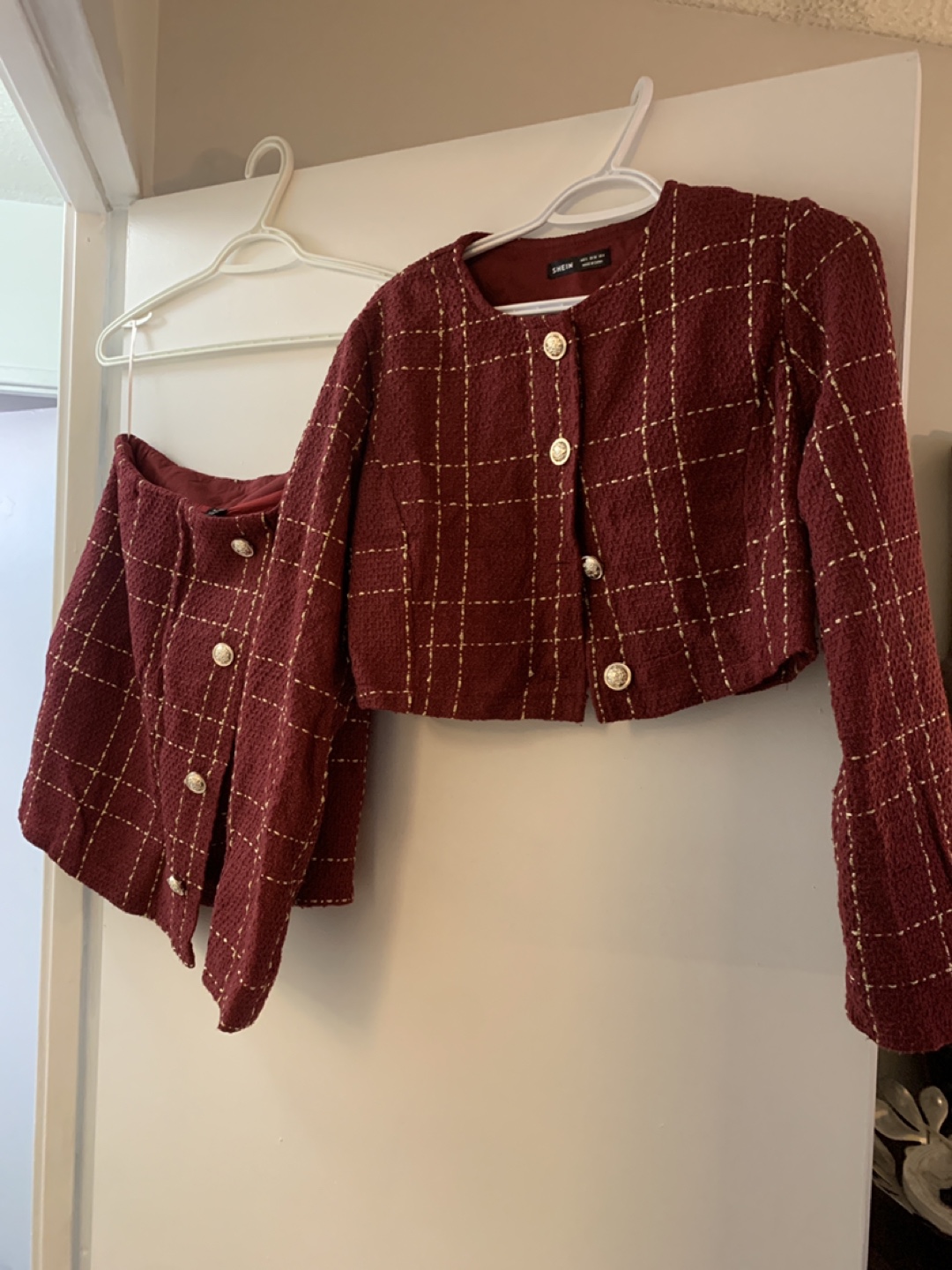 Burgundy Tweed Crop Jacket and Skirt Set