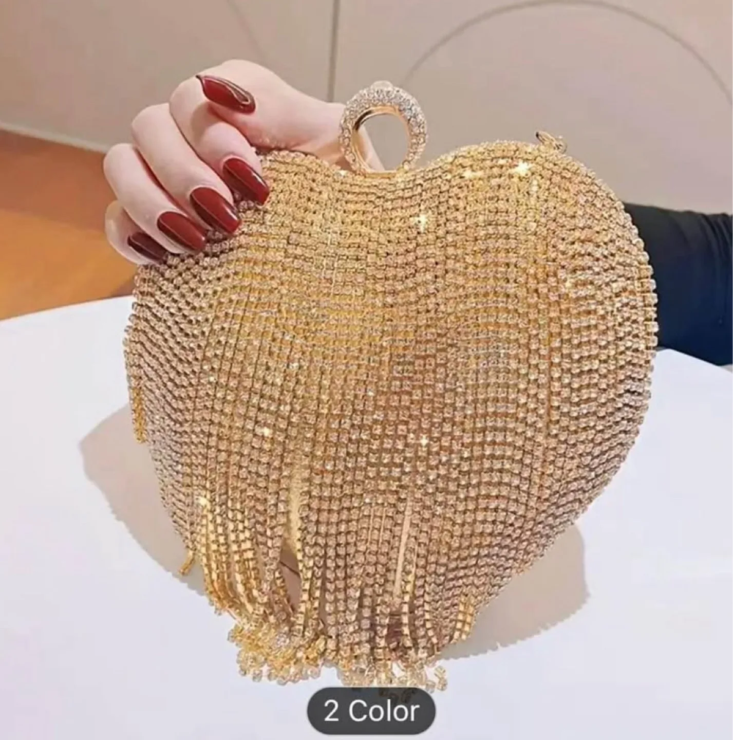 Rhinestone Heart-Shaped Clutch Bag with Fringe image indicator(3)