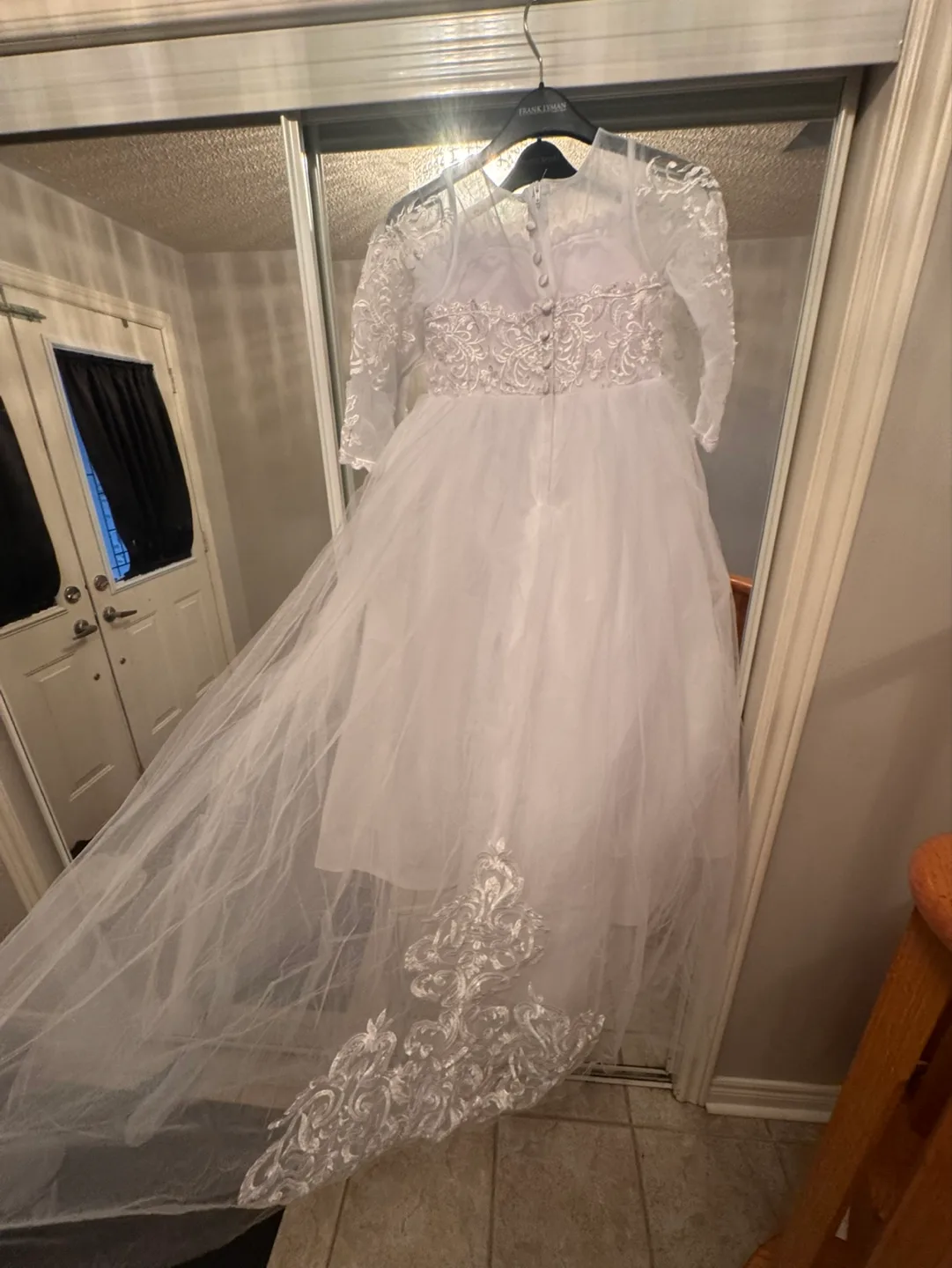 White Flower Girl Dress with Lace Sleeves and Train image indicator(2)