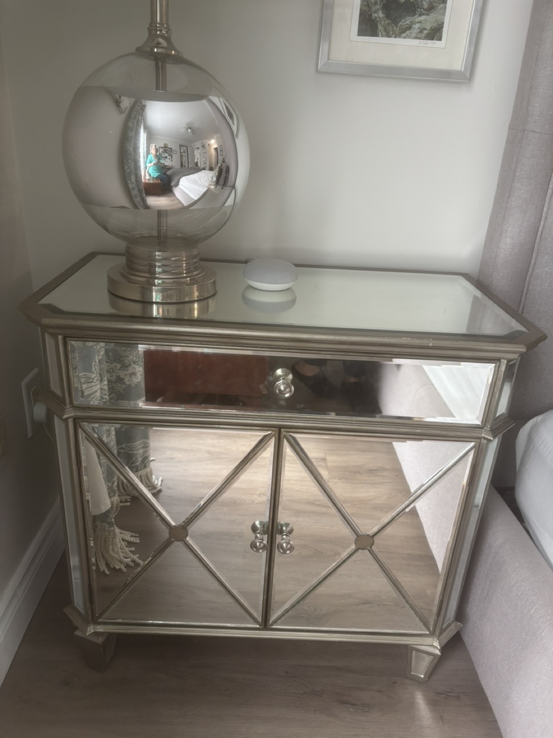 Mirrored Nightstand with Drawer and Cabinet