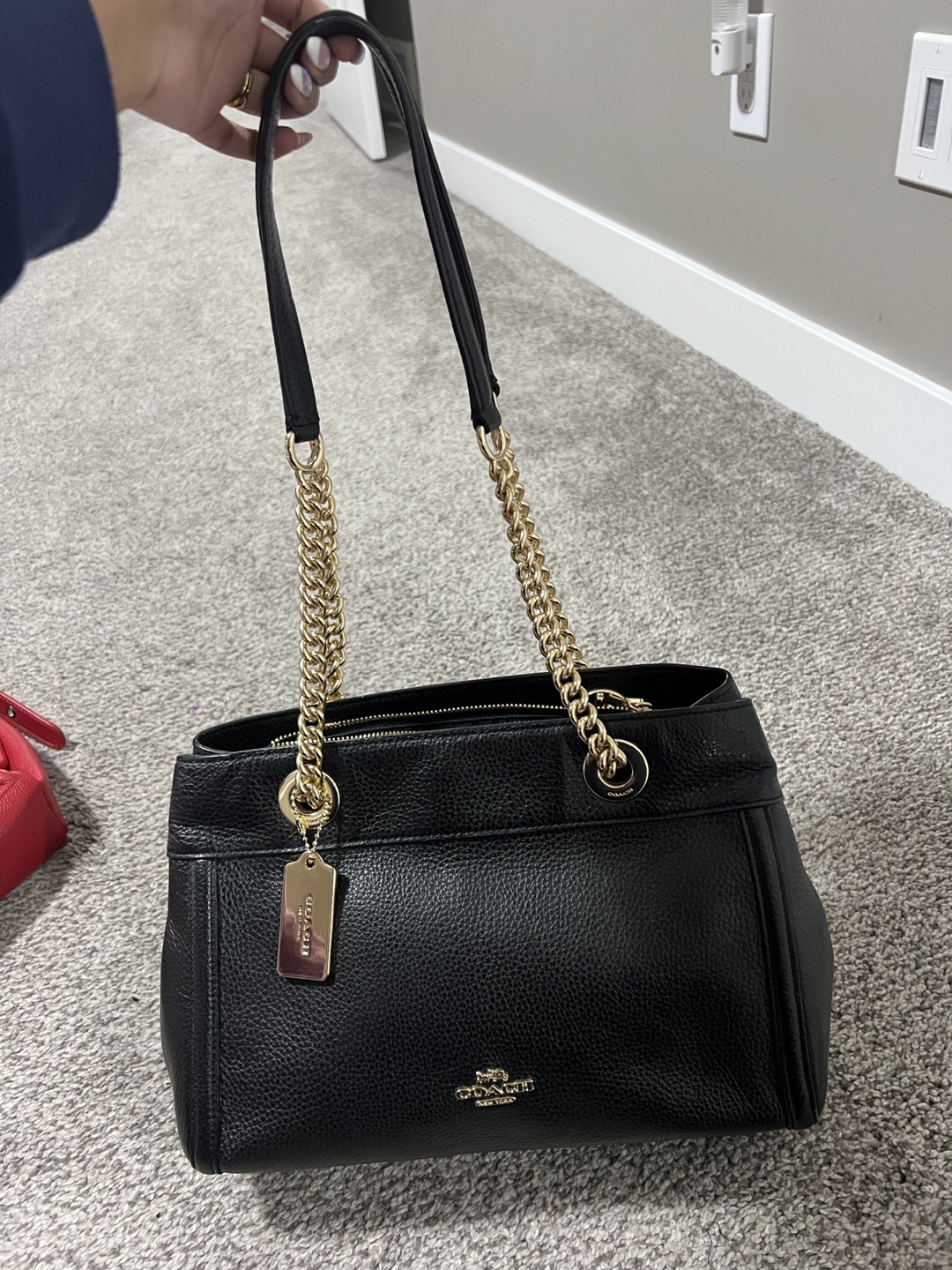 Coach Black Leather Handbag with Gold Chain Strap