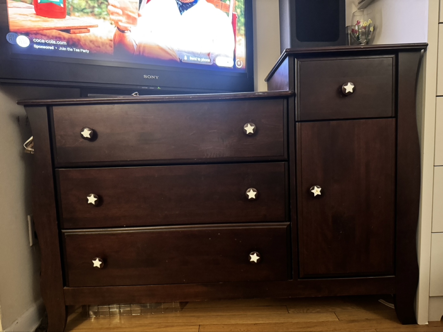 Dark Wood 3-Drawer Dresser with Side Cabinet