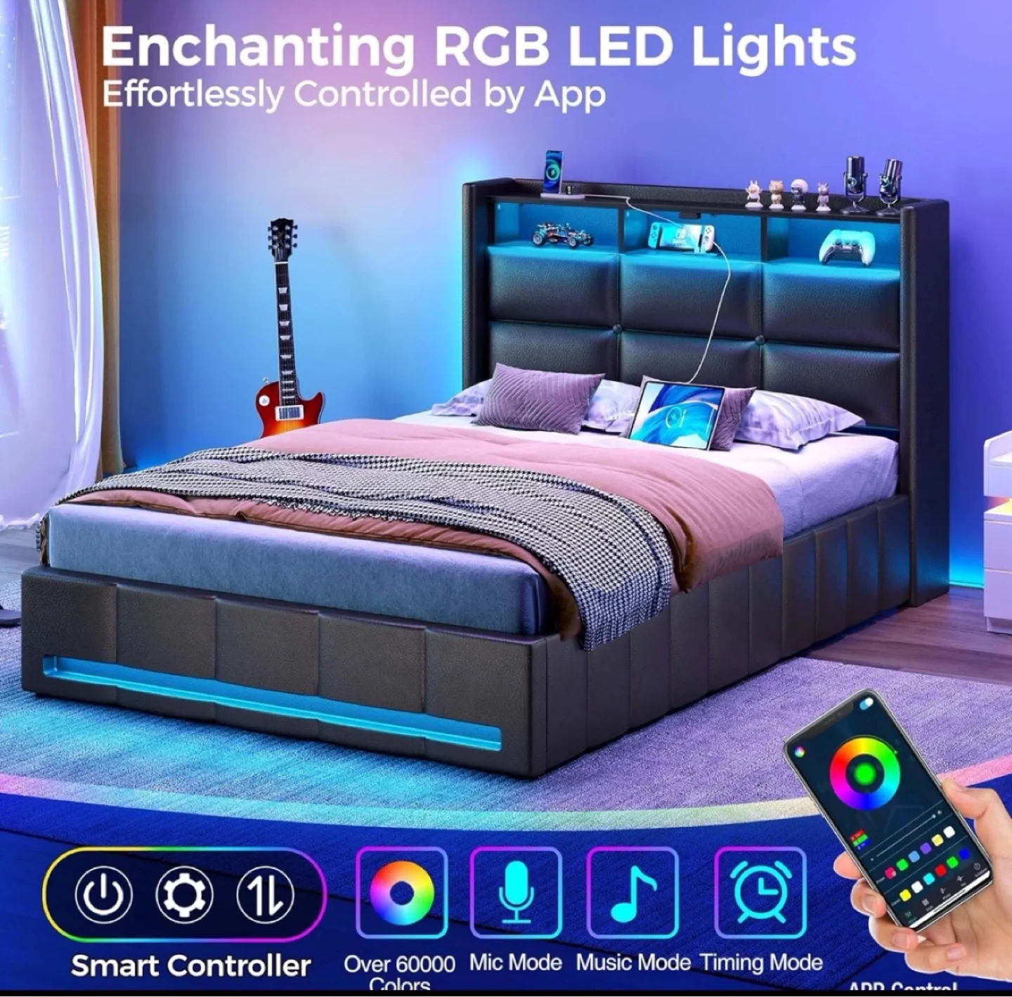 Queen Size Bed Frame with LED Lights image indicator(2)