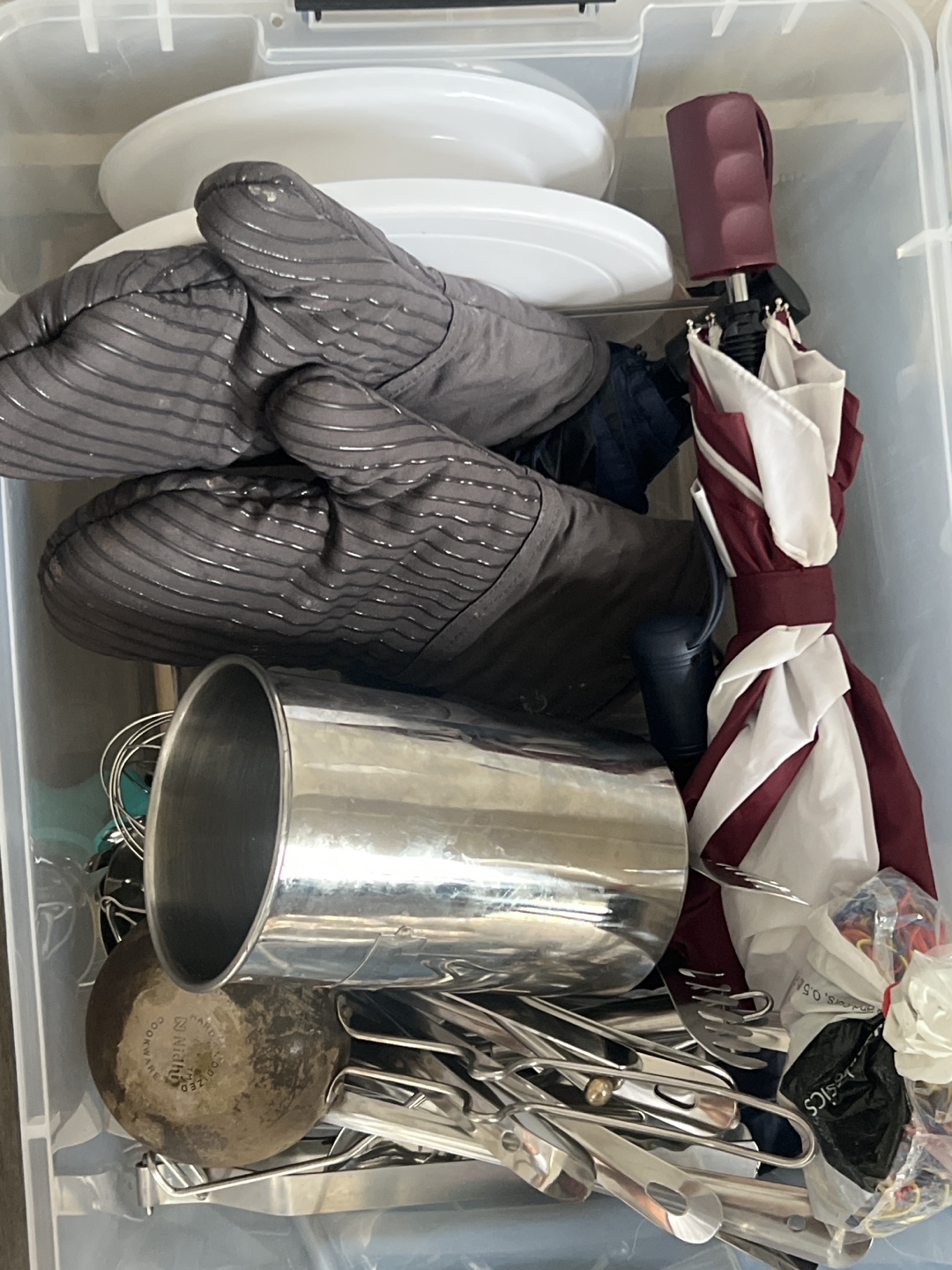 Kitchen Utensils, Oven Mitts, Plates, and Umbrella
