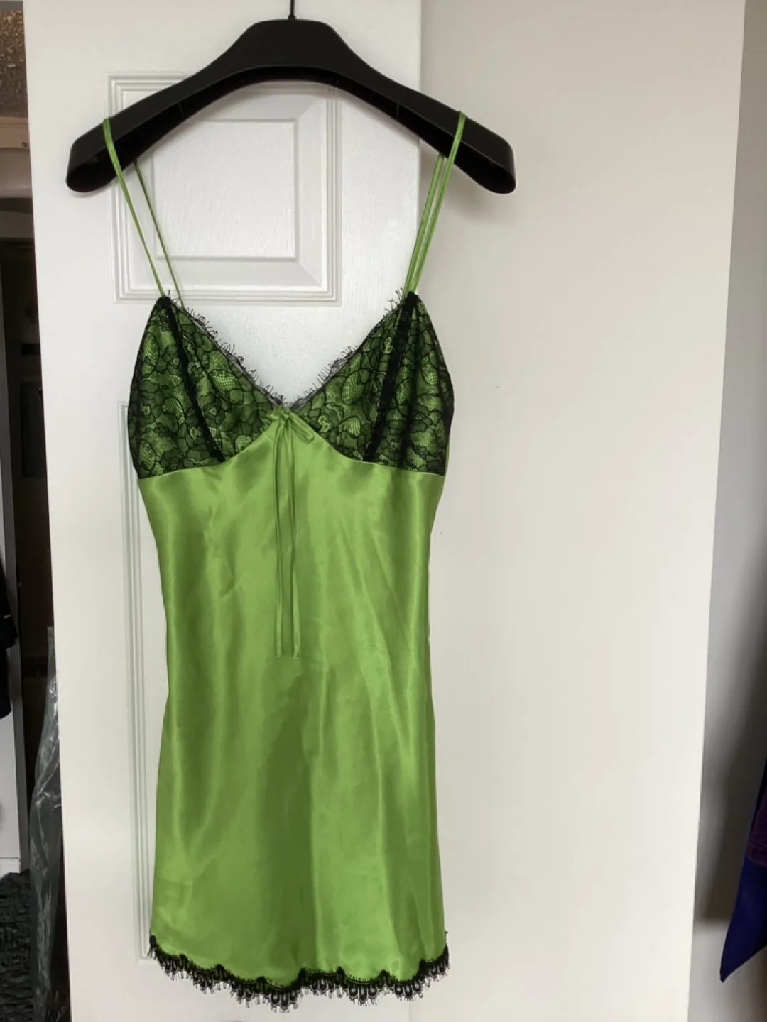Lime Green Satin Slip Dress with Lace Trim - Size Small