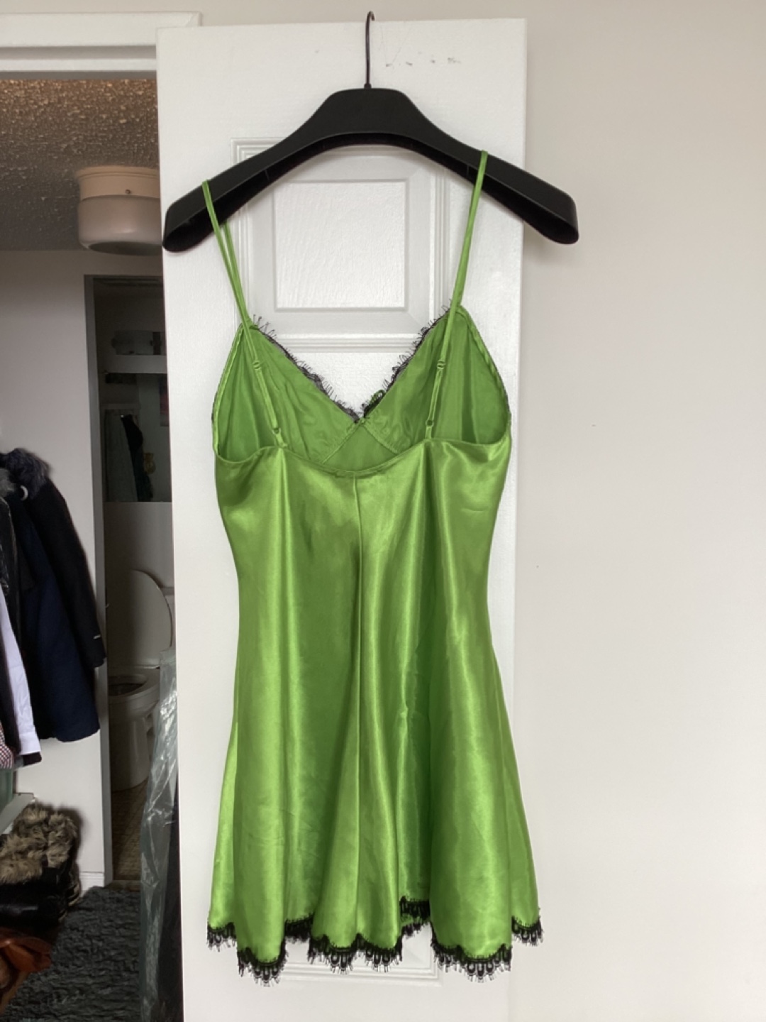 Lime Green Satin Slip Dress with Lace Trim - Size Small - photo 2