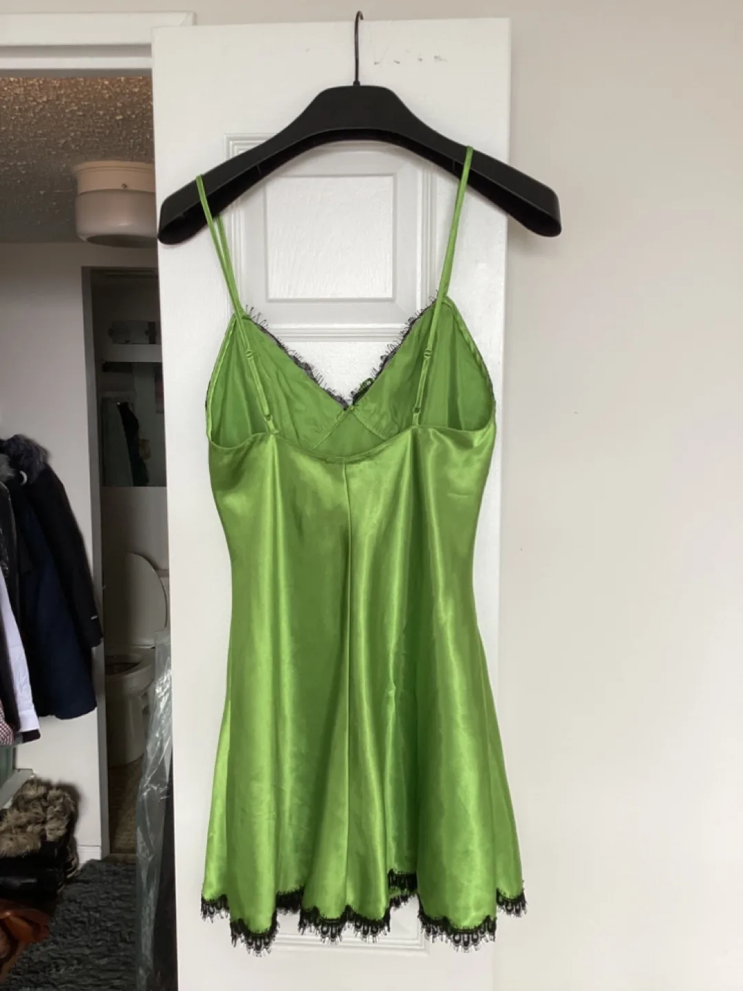 Lime Green Satin Slip Dress with Lace Trim - Size Small image indicator(2)