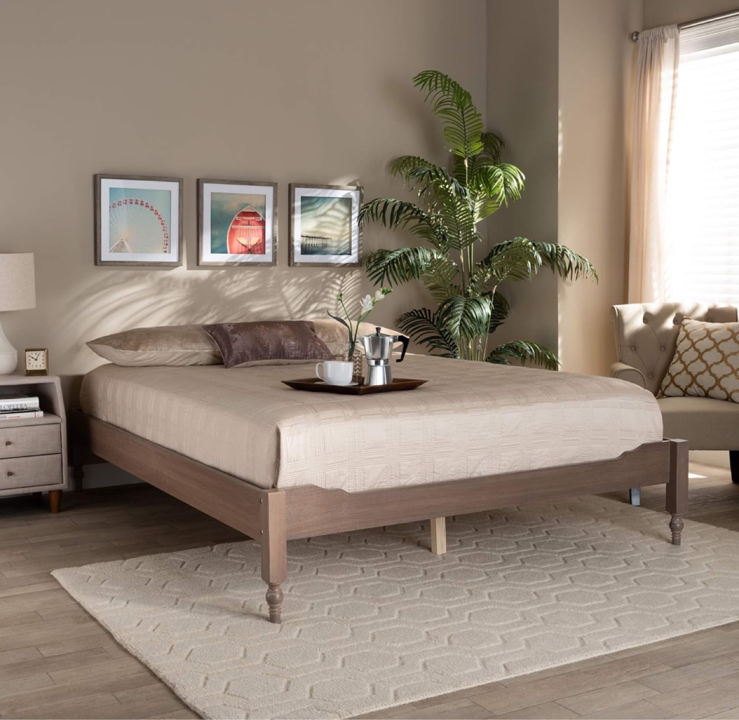 New Antique Oak Finished Wood Queen Size Platform Bed - photo 3