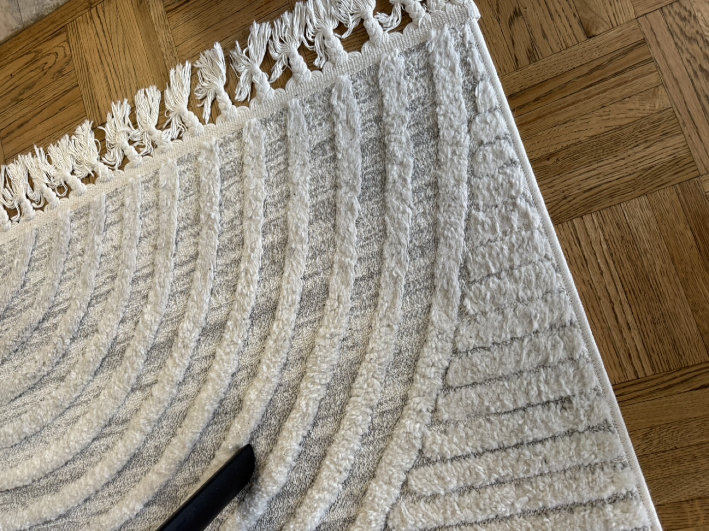 Cream-Colored Abstract Area Rug with Tassels