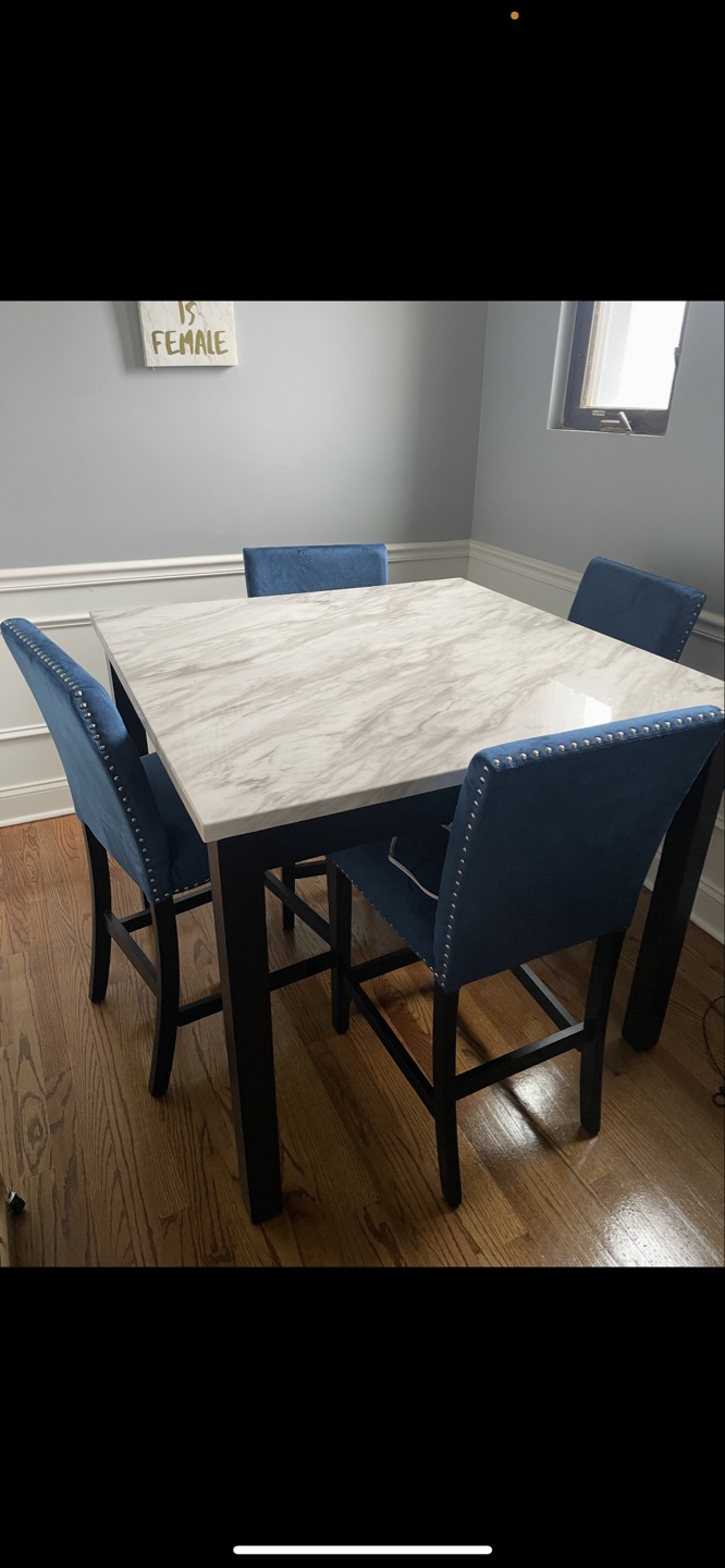 Square Marble Top with Blue Chairs