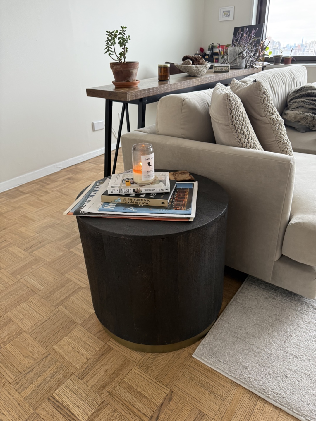 Dark Wood Round End Table with Brass Base