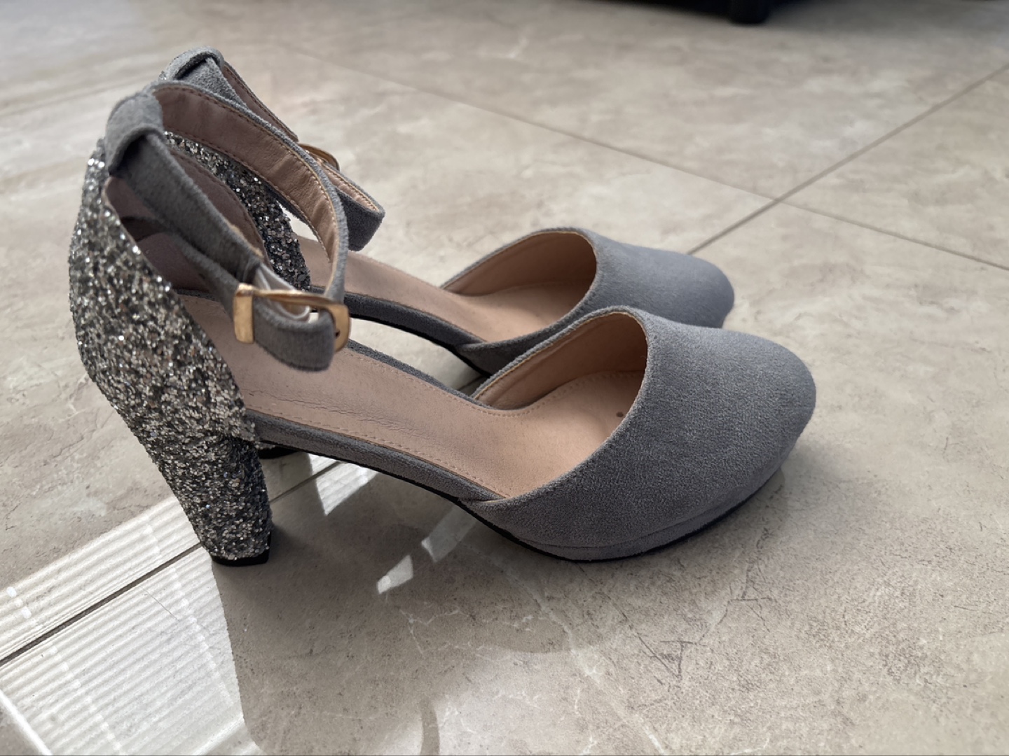 Grey Glitter Block Heel Ankle Strap Sandals