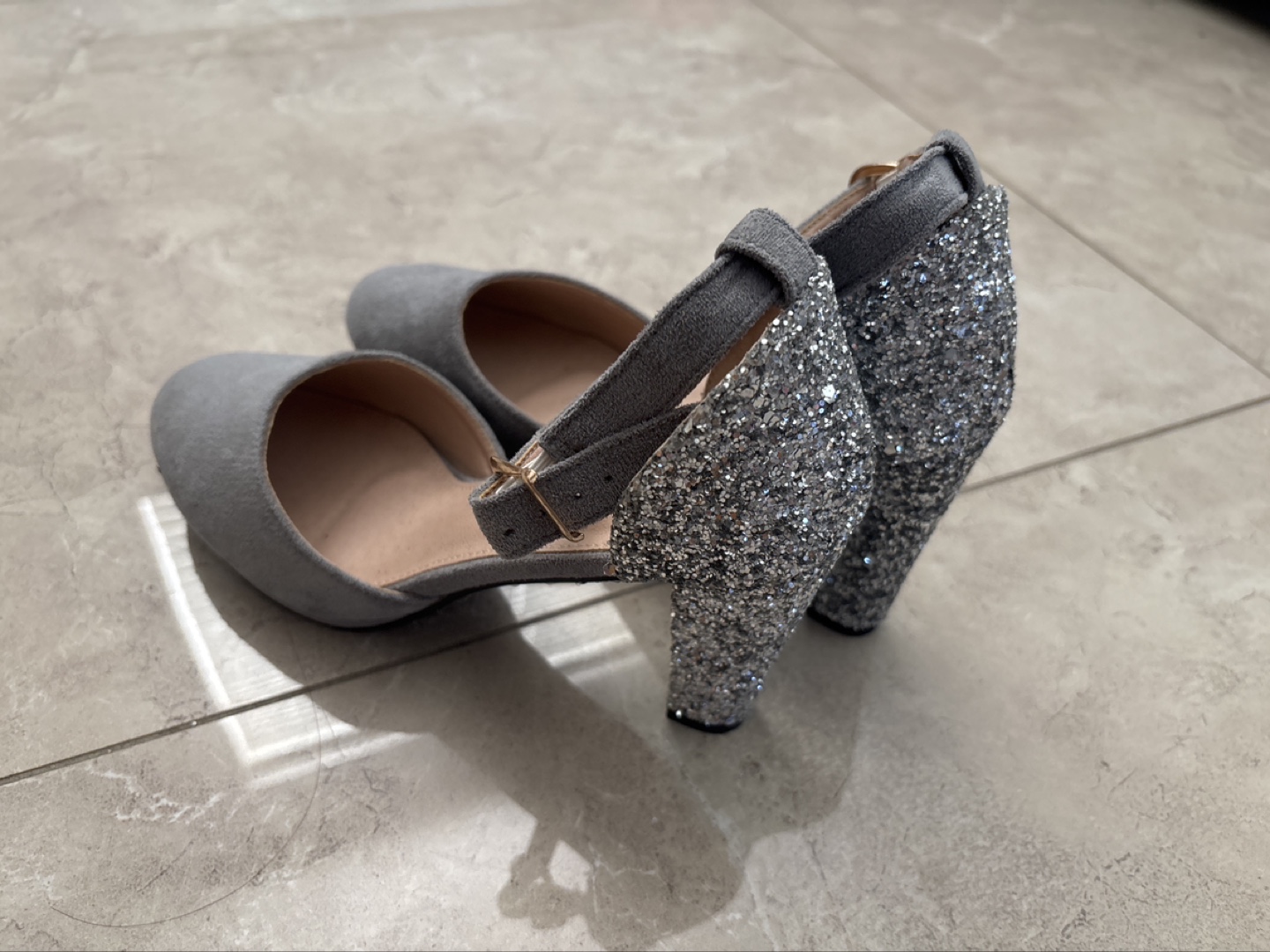 Grey Glitter Block Heel Ankle Strap Sandals - photo 2