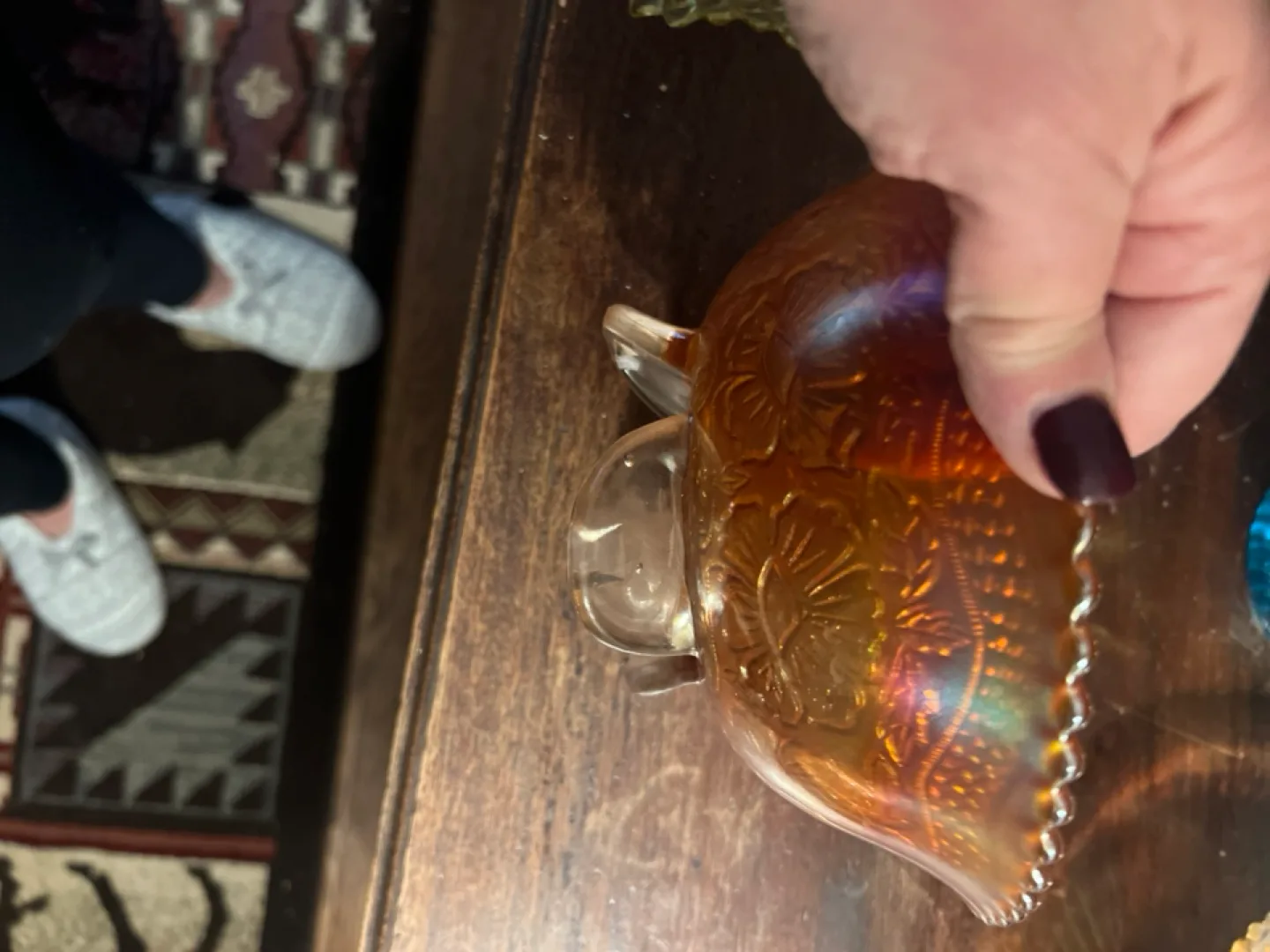 1930's  amber orange carnival glass  footed Glass Bowl image indicator(5)