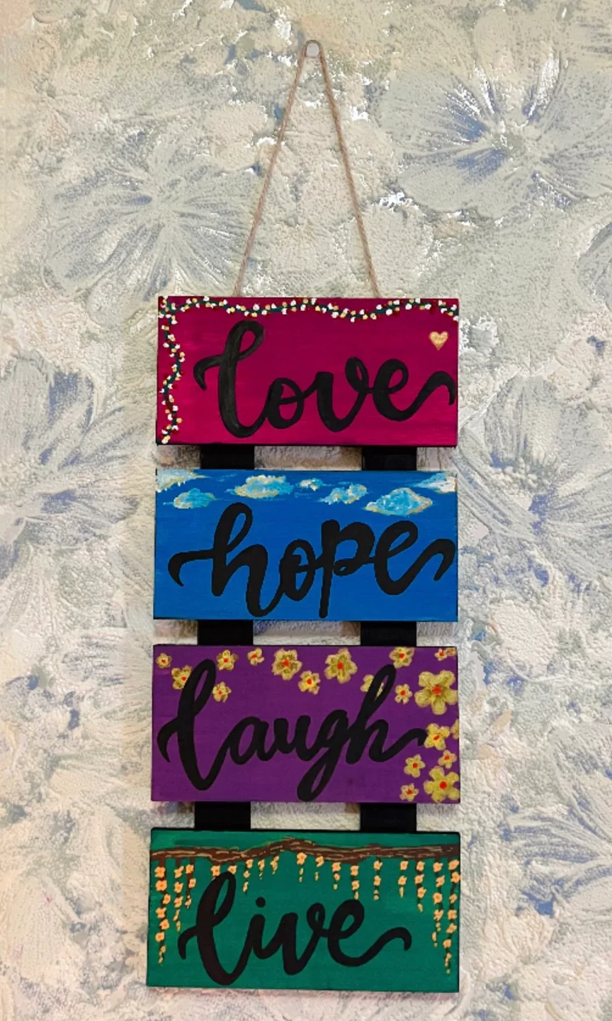 Hand-painted Wooden Wall Hanging - Love Hope Laugh Live thumbnail