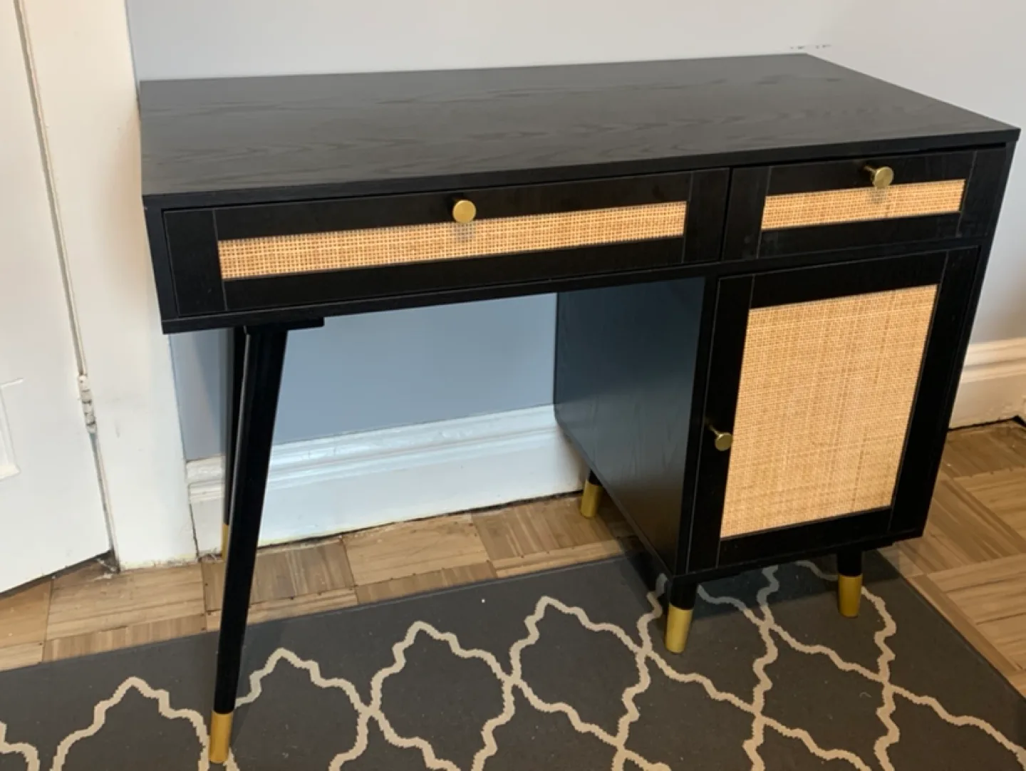 Mid-Century Modern Black Writing Desk with Rattan Accents thumbnail