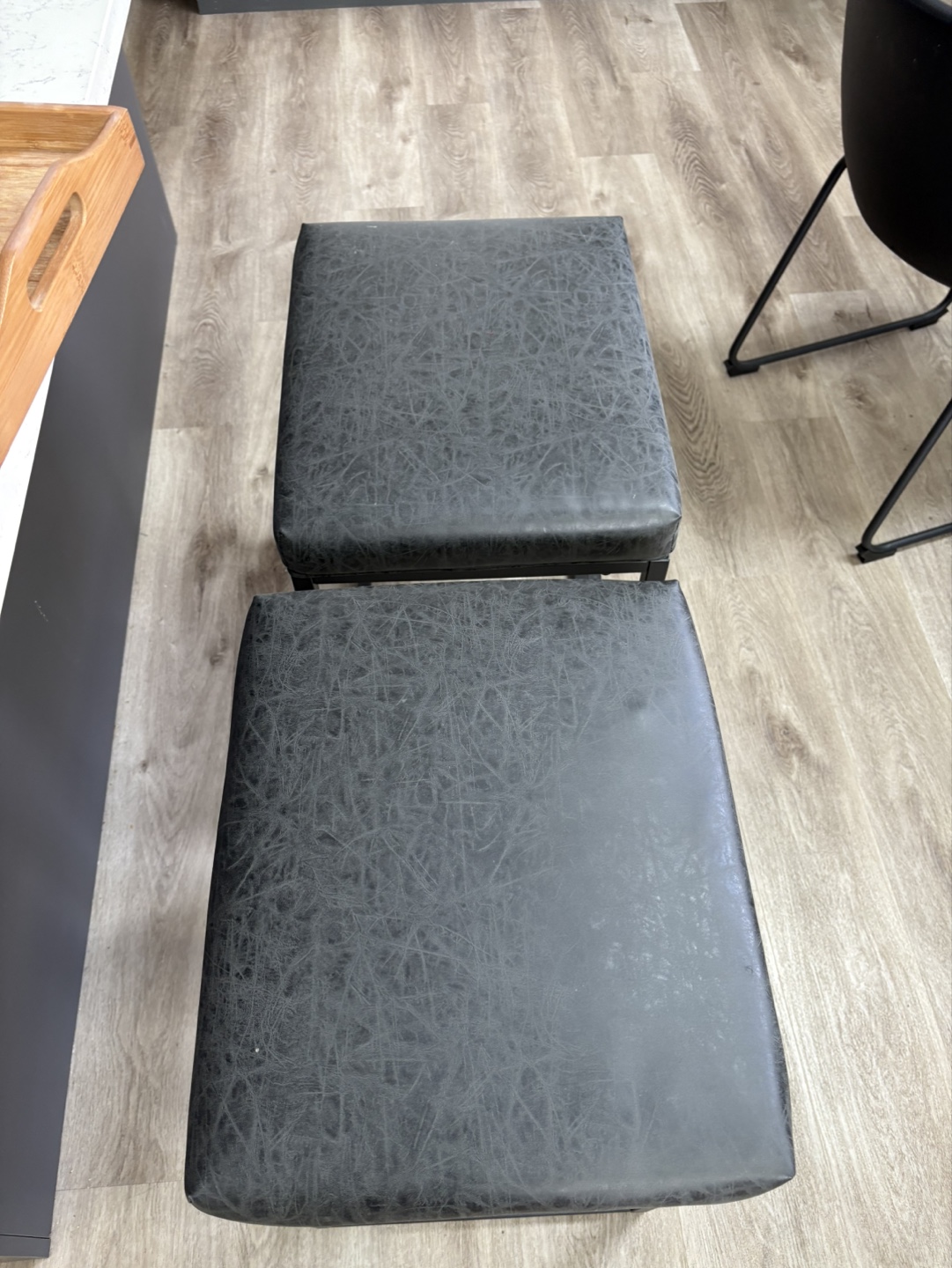 Pair of Black Metal and Faux Leather Stools