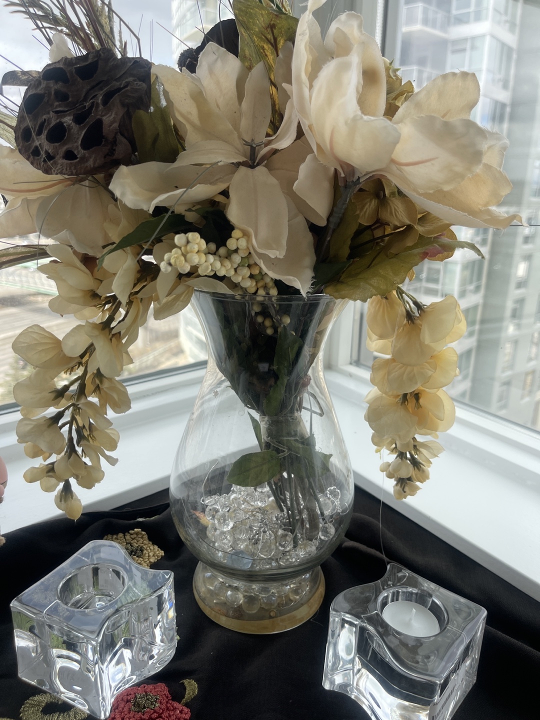 Artificial Flower Arrangement with Glass Vase and Candle Holders