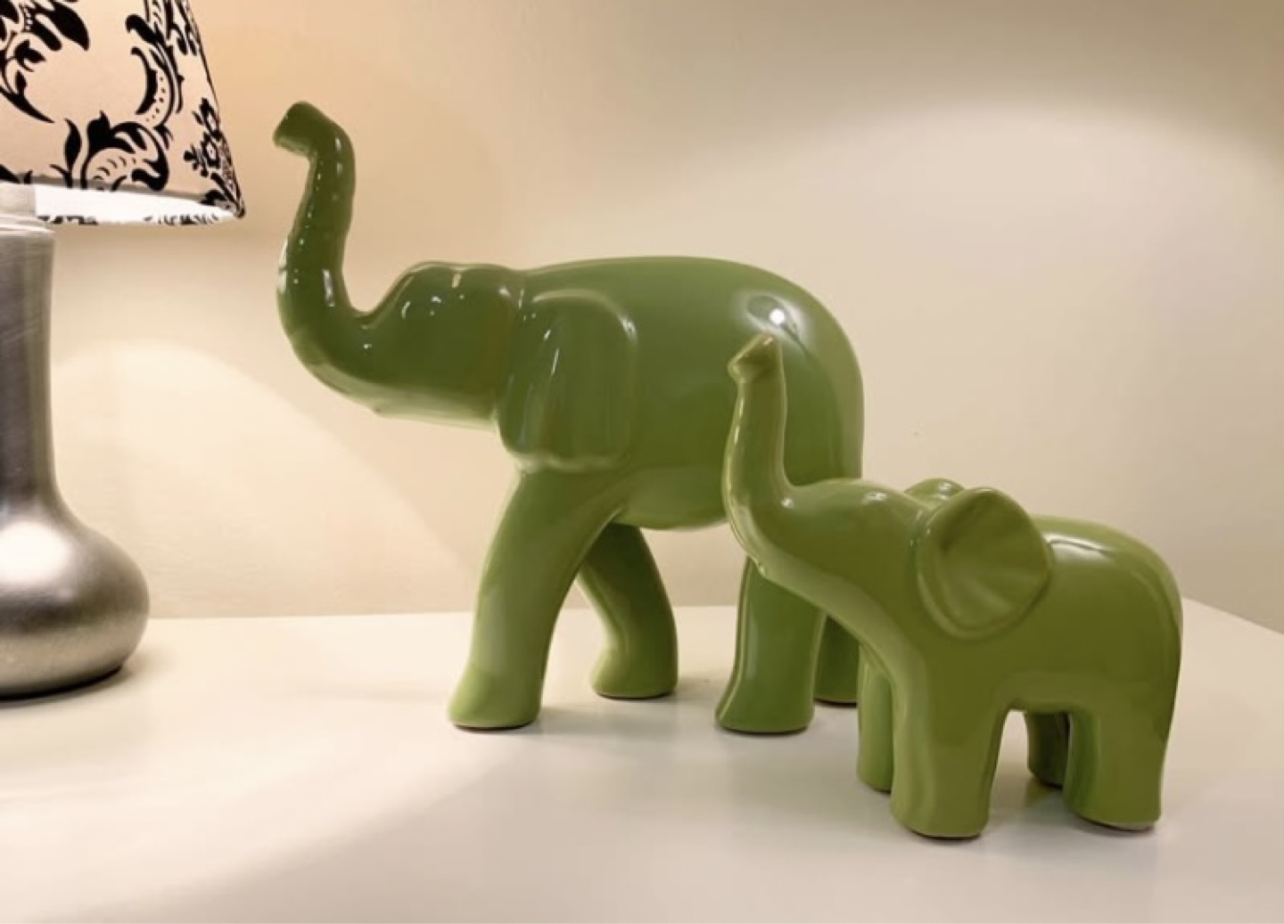 Adorable Green Ceramic Elephant Figurines Set of Two
