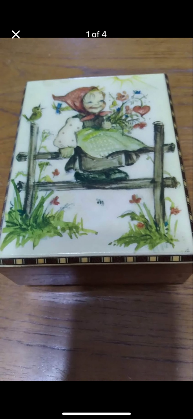 Vintage Hummel Wooden Music Box with Girl and Flowers Design