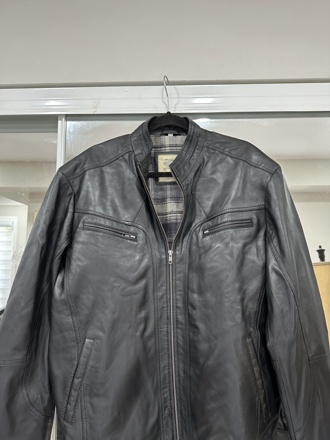 Men's Black Leather Jacket with Plaid Liner