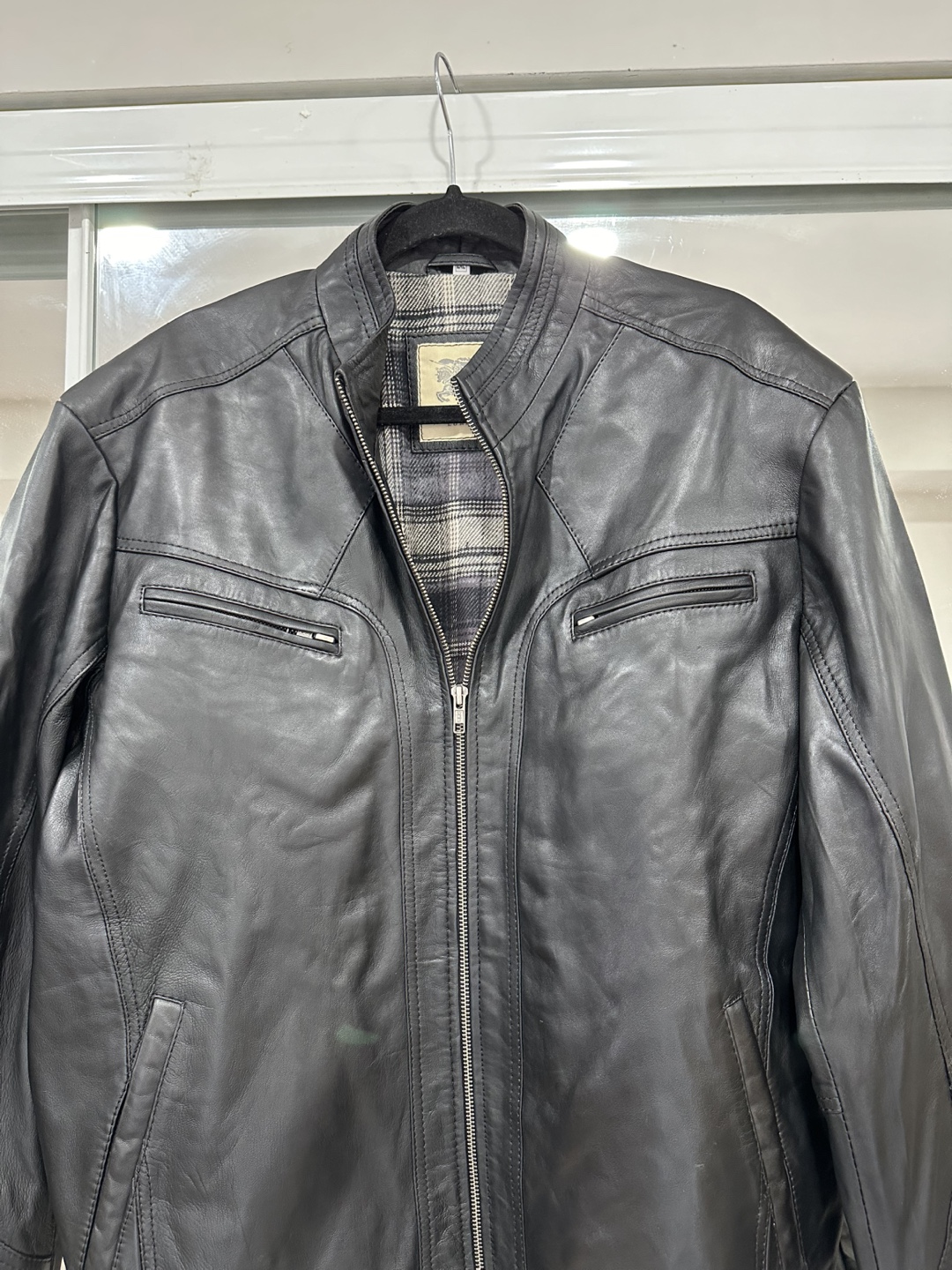Men's Black Leather Jacket with Plaid Liner - photo 2