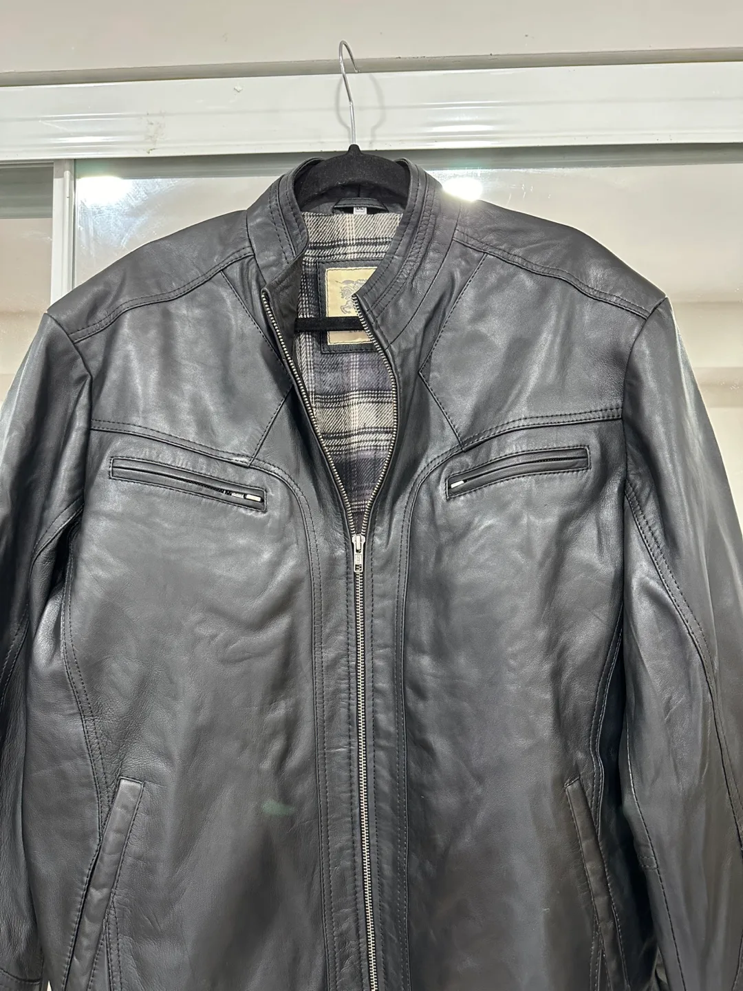 Men's Black Leather Jacket with Plaid Liner image indicator(2)
