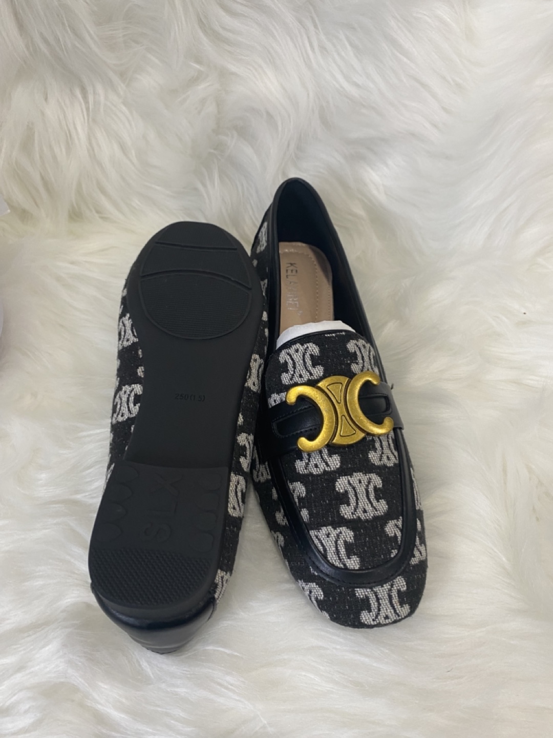 Women's Black and White Patterned Loafers with Gold Hardware - photo 5