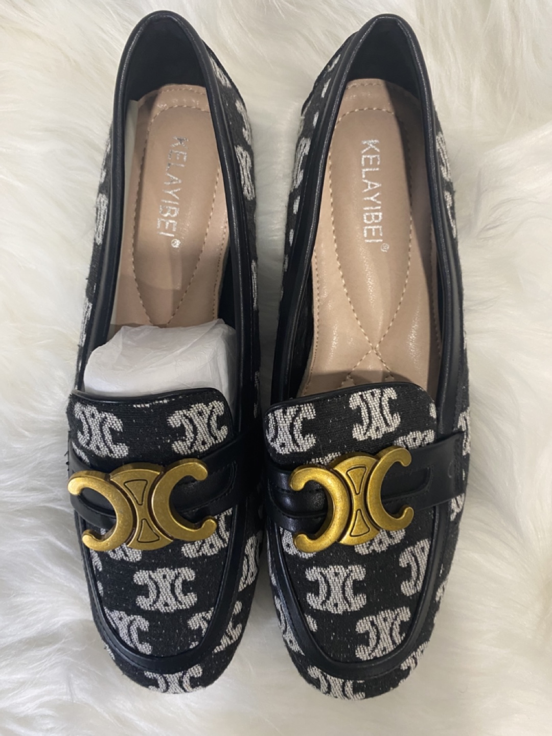 Women's Black and White Patterned Loafers with Gold Hardware