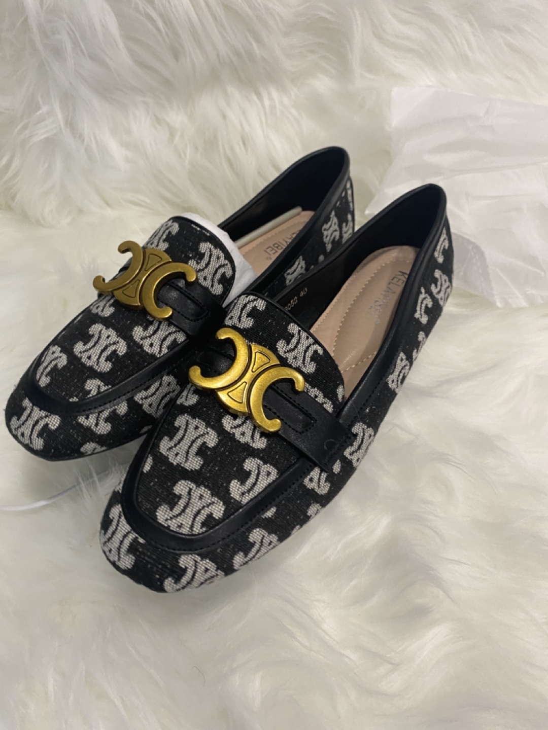 Women's Black and White Patterned Loafers with Gold Hardware - photo 4