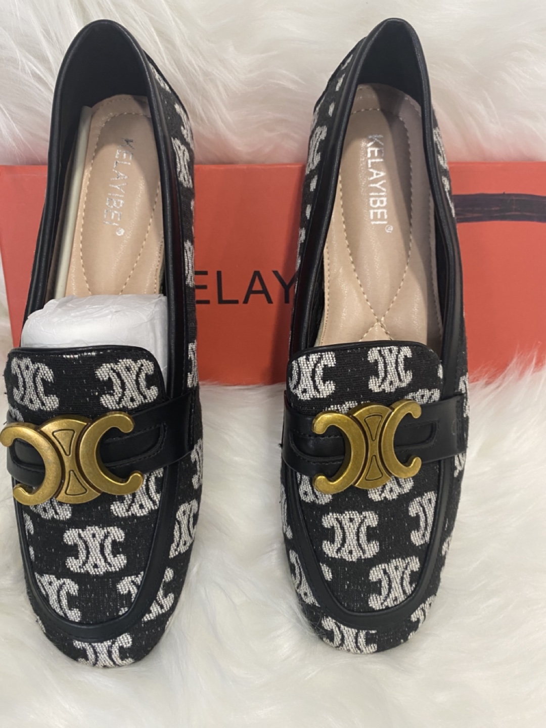Women's Black and White Patterned Loafers with Gold Hardware - photo 3