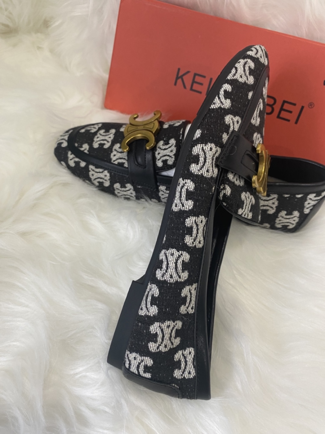 Women's Black and White Patterned Loafers with Gold Hardware - photo 2