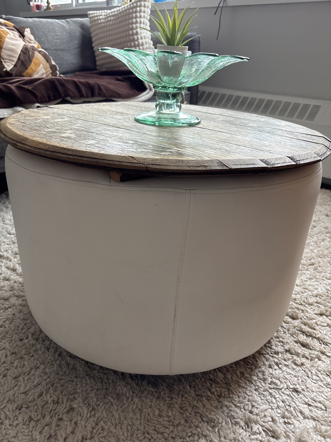 Faux white leather coffee table for living room with wood top - photo 3