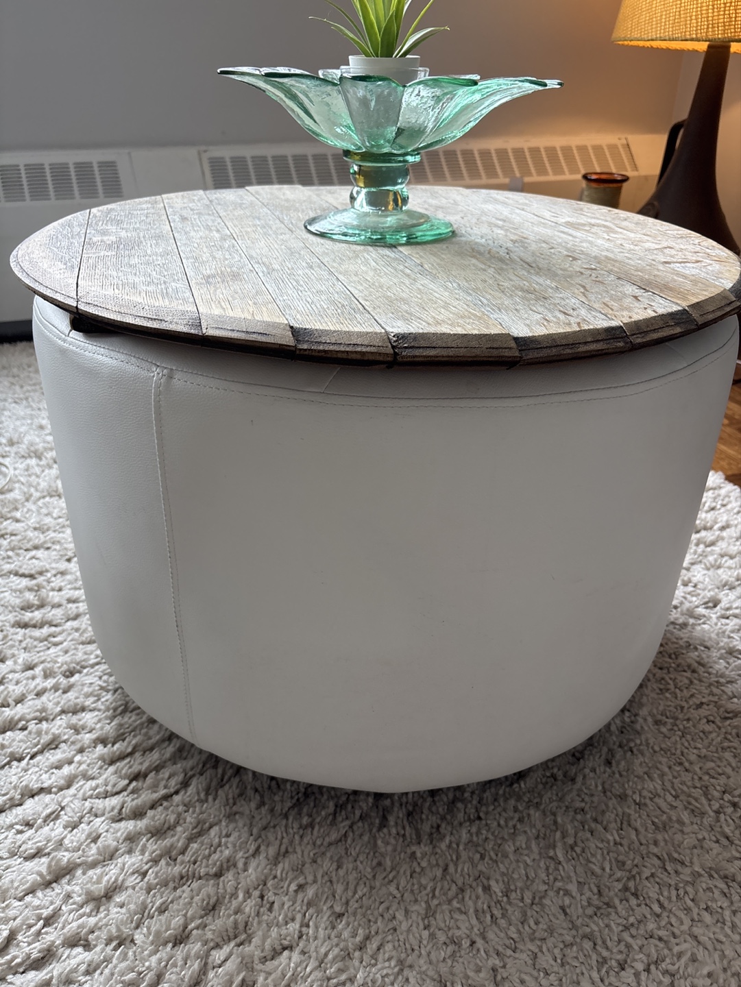 Faux white leather coffee table for living room with wood top - photo 2