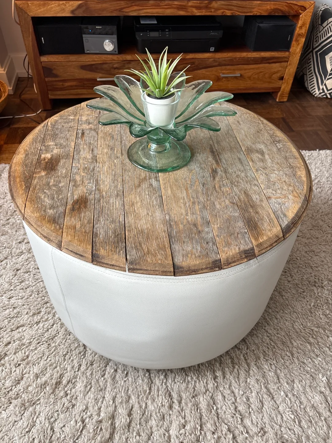 Faux white leather coffee table for living room with wood top thumbnail
