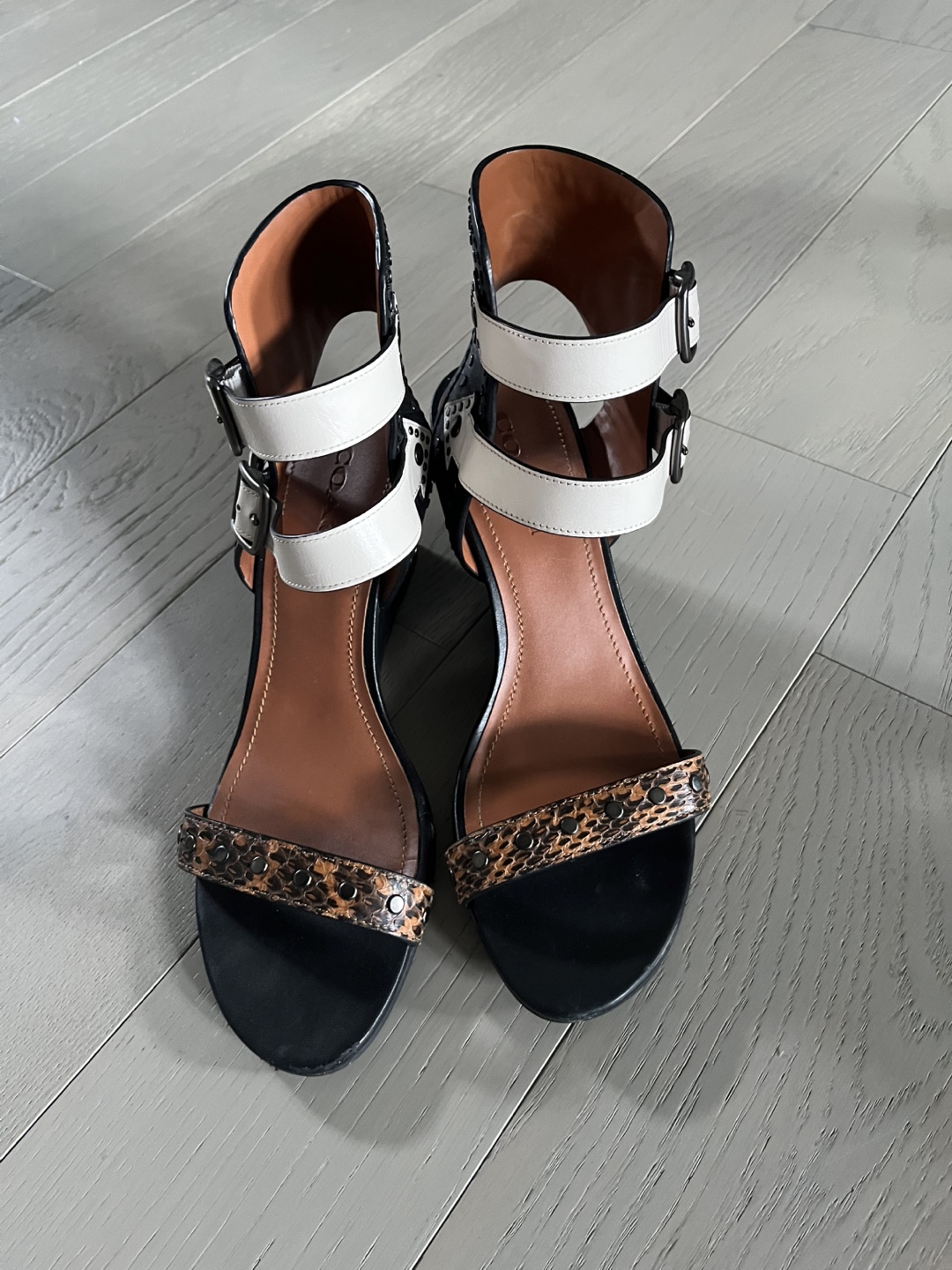 Coach Women's Black and White Leather Wedge Sandals, Size 10 - photo 3