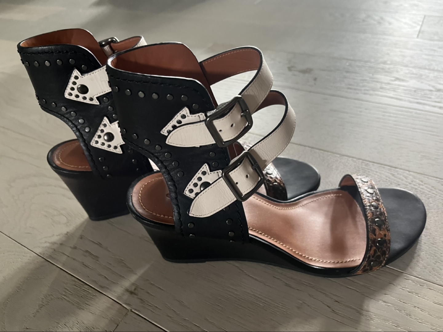 Coach Women's Black and White Leather Wedge Sandals, Size 10 - photo 2