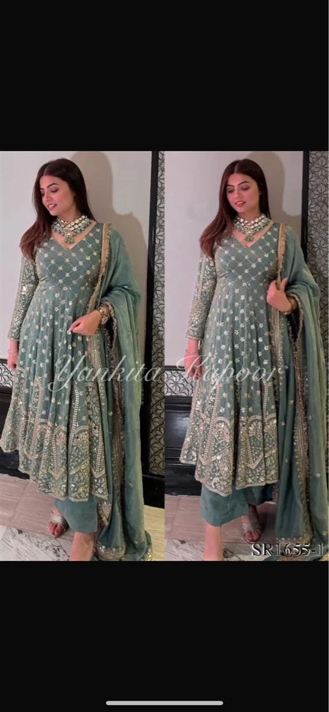 Gorgeous teal Anarkali suit with intricate embroidery thumbnail
