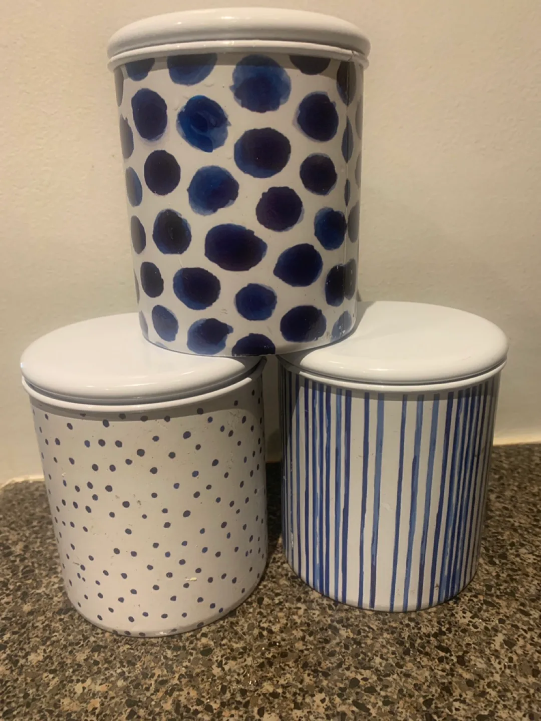 Set of Three Blue and White Enamel Canisters thumbnail