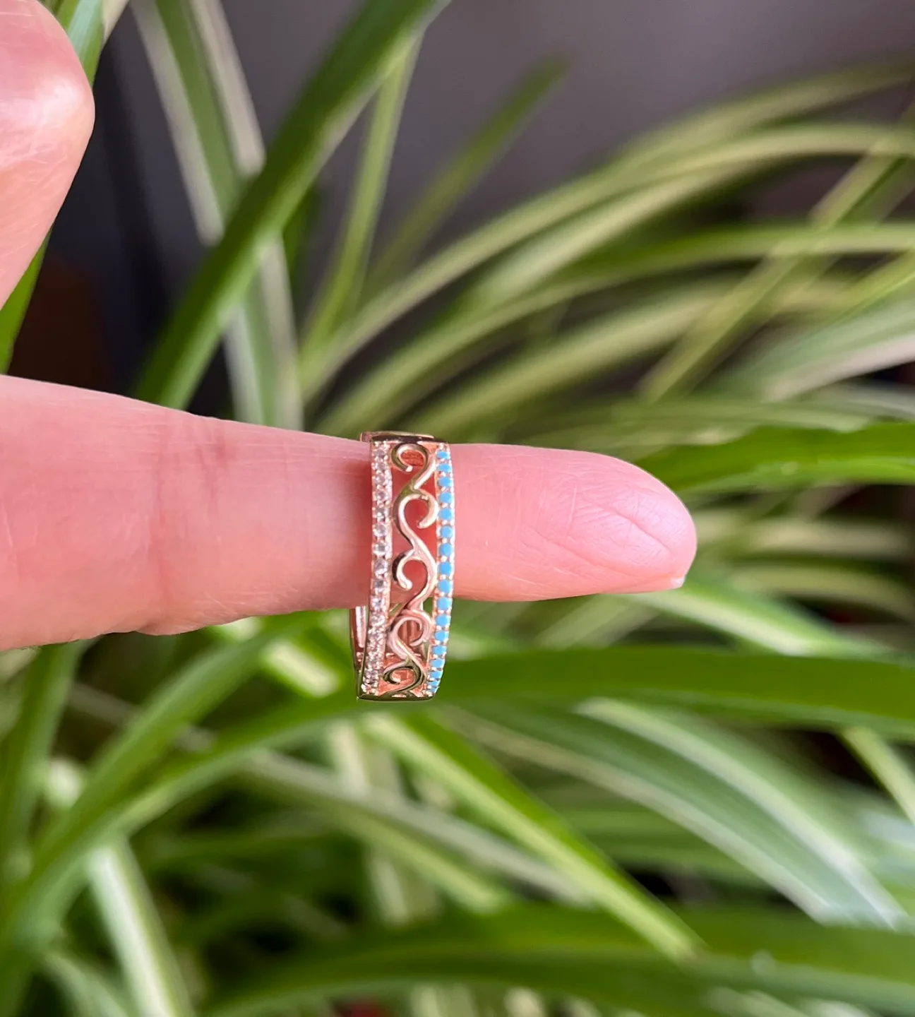 Gold plated  Turquoise and white zircon Hoop Earrings image indicator(2)