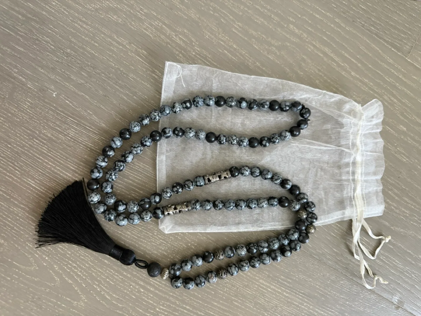 Snowflake Obsidian Mala Prayer Beads with Black Tassel image indicator(2)