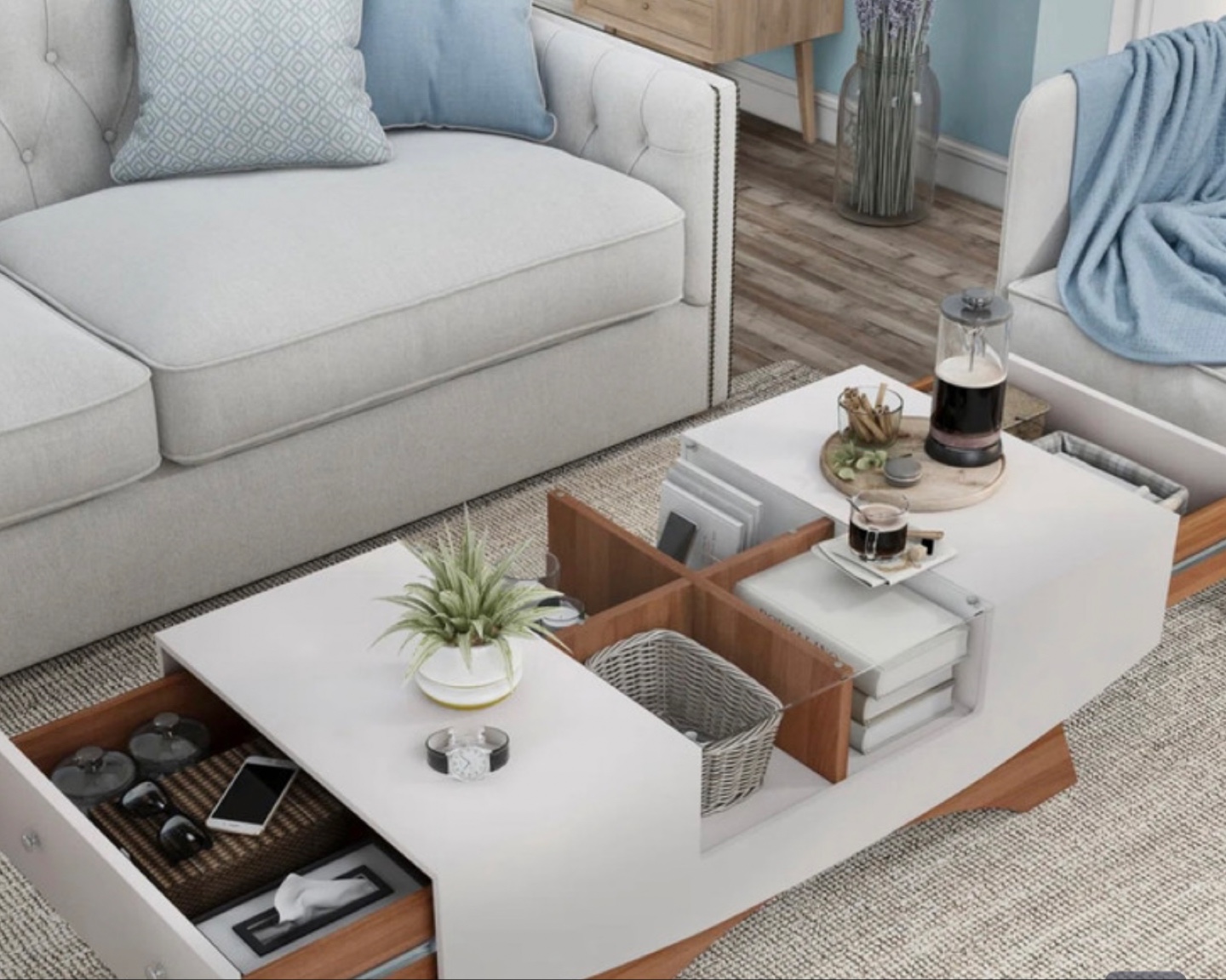 Modern Glass Coffee Table with Storage and Drawers - photo 3