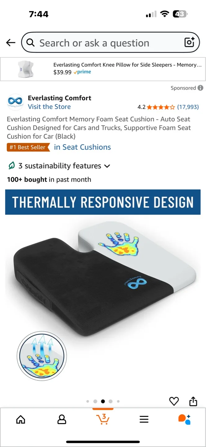 Everlasting Comfort Memory Foam Seat Cushion - Black image indicator(3)