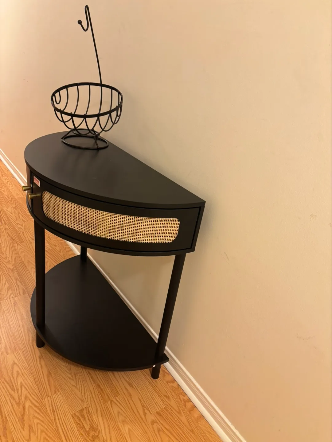 Black Half-Moon Console Table with Rattan Drawer thumbnail