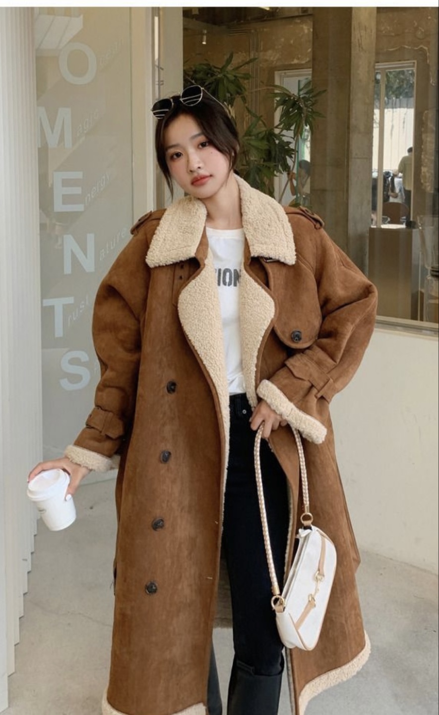 Brown Double-Breasted Longline Suede Coat with Sherpa Lining