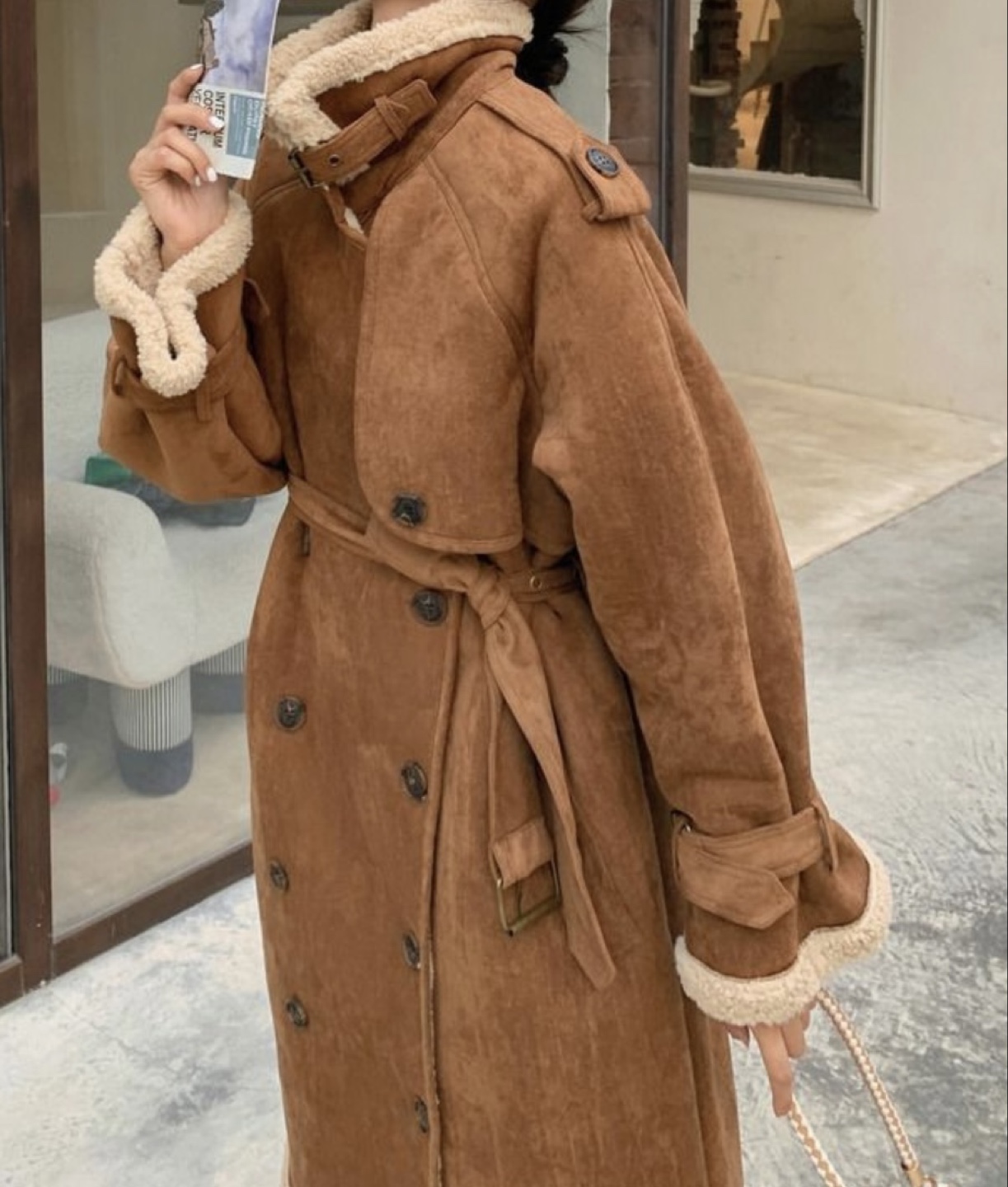 Brown Double-Breasted Longline Suede Coat with Sherpa Lining - photo 2