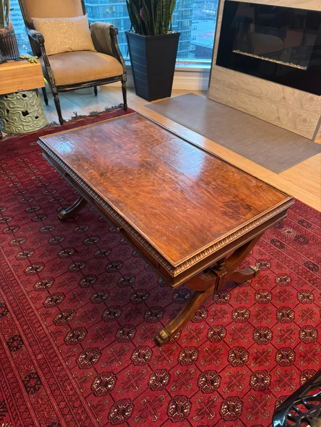 Antique Wooden Coffee Table with Drawers thumbnail
