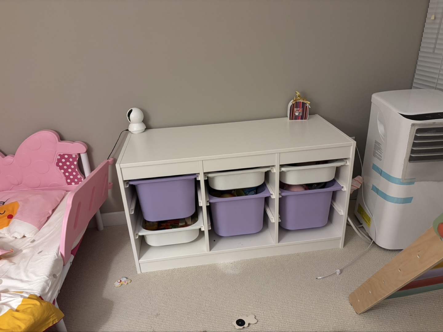 White Storage Unit with Lavender Bins