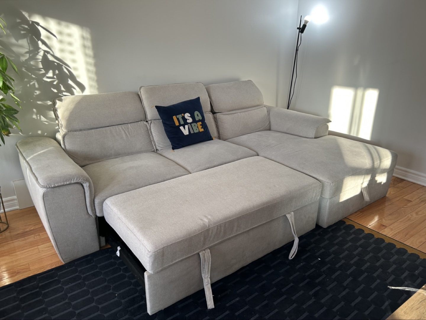 Beige Sectional Sofa with Pull-Out Ottoman