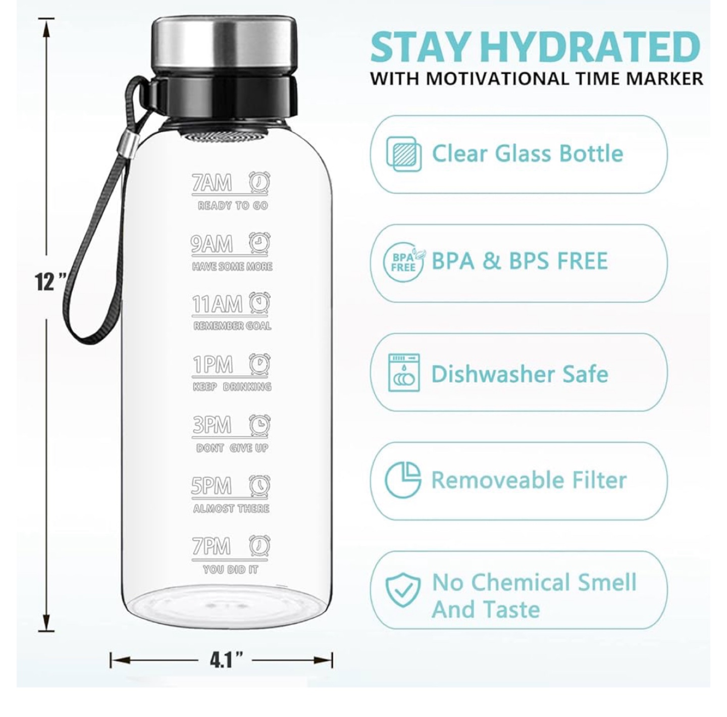 Clear Glass Water Bottle with Time Markers and Carry Strap